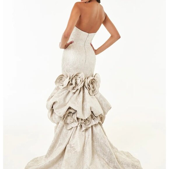 AZAZIE Atelier Donatella Champagne Brocade Black Tie Wedding Dress Gown Size 14 - Picture 6 of 7